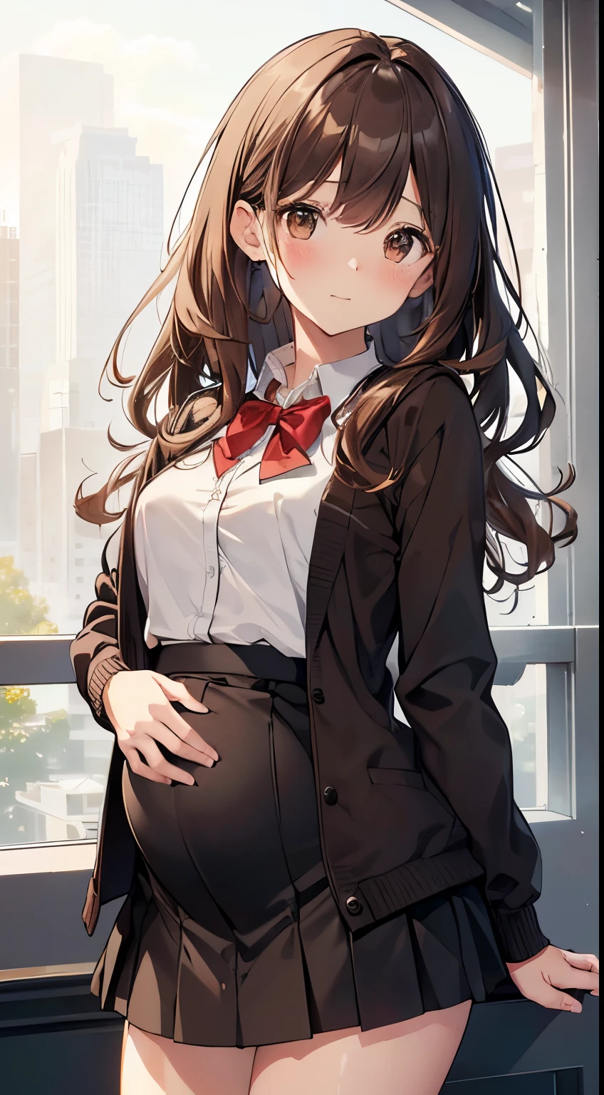 ((On the table, best quality, high resolution, Hum, Pixel Perfect, 4K, Hum, Hum))), A girl, single, Solitary, beauty、The whole body is visible、 ((Medium Wavy Curls, Bangs, Brown hair)), ((Brown eyes, beauty的睫毛, Practical eyes)), ((Delicate face, blush:1.2)), ((Smooth texture:0.75, Practical texture:0.65, Practical:1.1, Anime CG style)), Medium chest, Dynamic Angle, Perfect body, ((Red bow tie, , Black jacket, Cardigan jacket, Brown cardigan, White shirt, Black skirt, Check the skirt)), City Stairs、Looking up from the bottom of the stairs、Awkward panic smile, look back、Lean forward、(The wind blew up her skirt, Show your buttocks...................、Touch your buttocks with both hands、White floral lace), (Flowing skirt:1.1),,( Filming:1.1),pregnant,With a big belly,Painful expression