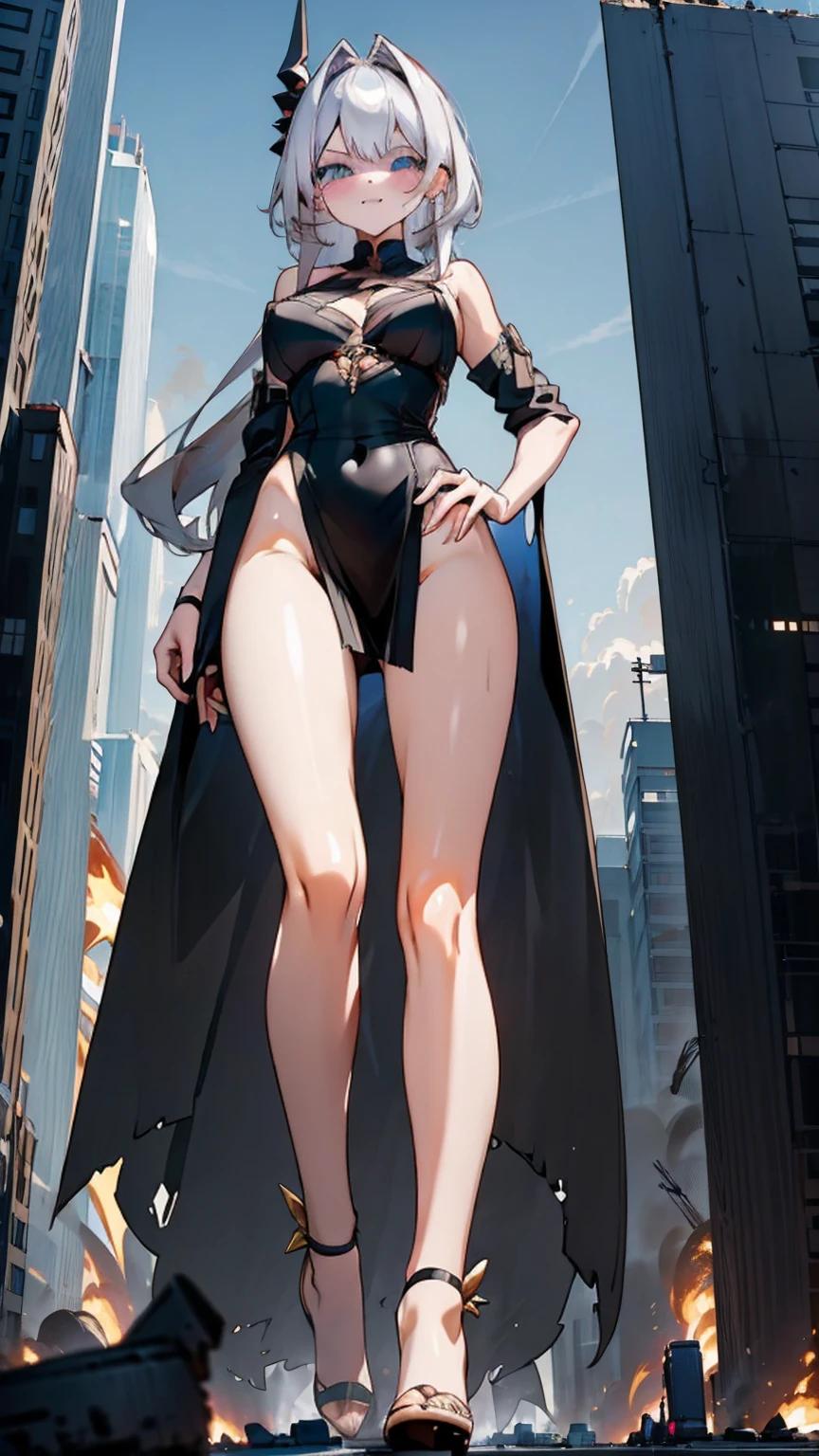 A fierce giantess in a tight black dress, with long platinum blonde hair and intense blue eyes, strides through a bustling modern city. Her powerful legs crush vehicles and buildings, her hands on her hips as she gazes down at the tiny people with a look of disdain. Tiny humans scurry around her, trying to escape her towering form. Her voice is filled with mocking laughter, her body exuding dominance and raw sensuality. Giantess, Goddess, sexy legs, heels, black, hot, curvy body, mommy issues, tiny people, macrophilia, perspective from below, high quality, almost naked, mature woman, modern, erotic.

