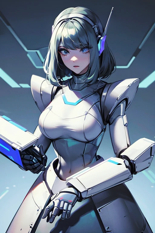 empty eyes,robotized woman ,big bust,Robot Joint ,Metal skin,dress,android,Robot Suit