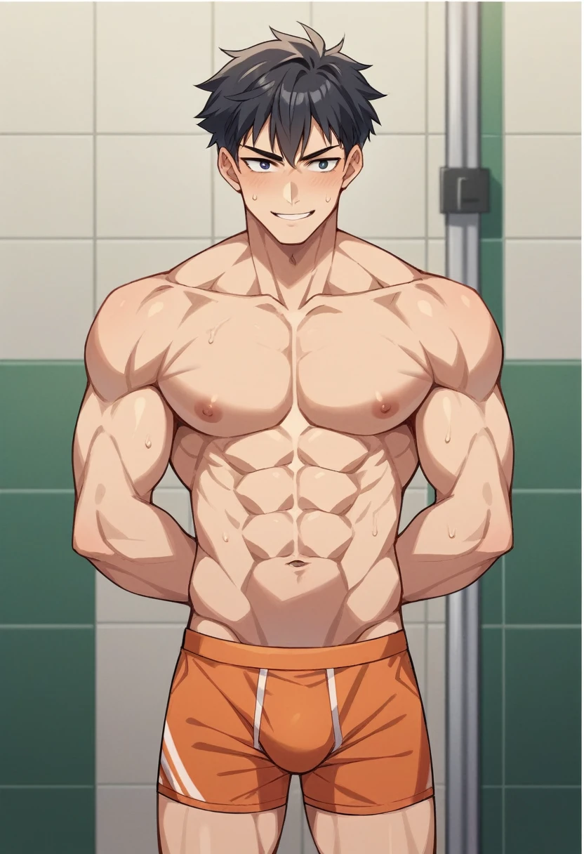 Japanese male underwear model、A slender but strong body trained at the gym、Smooth skin with light sweating、Anatomically correct body、Sit with your legs wide open、Smiling in a friendly manner、Relaxed atmosphere、The whole body is visible、Showing off some very revealing light orange boxer briefs in a cool fabric that is tight and loudly designed.、in narrow bathroom、Very short, cropped black hair、A young handsome man who looks quite young、Place your hands behind your back