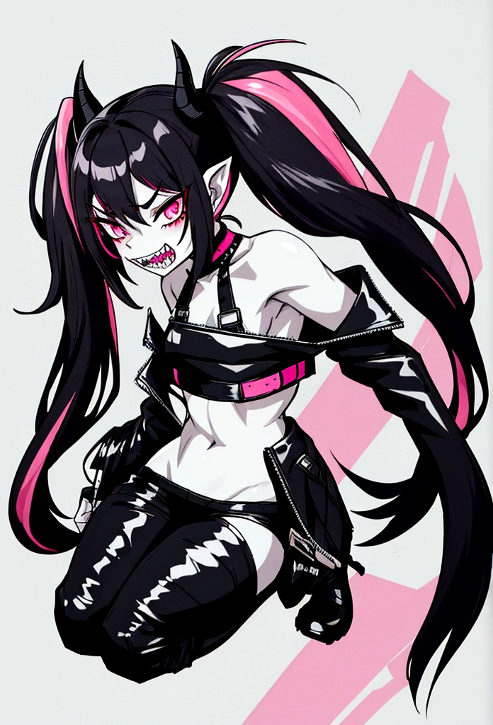 single female with grey skin, with black hair long twin tails style, with pink streaks, sharp teeth, black biker jacket, black crop top and black pants, dragon tail and dragon horns, full body
