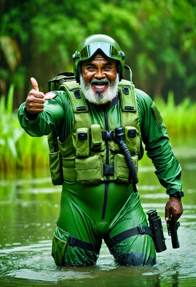 (a dark-skinned bearded chubby old man in green zipper pilot suit), wearing rescue gear, wearing green army pilot helmet, swimming in a swamp, thumbs up, shooting with a gun, imposing physique, muscular, toned muscles, Basuki Abdullah, sumatraism, action, a character portrait, heroic, fierce, angry, intense