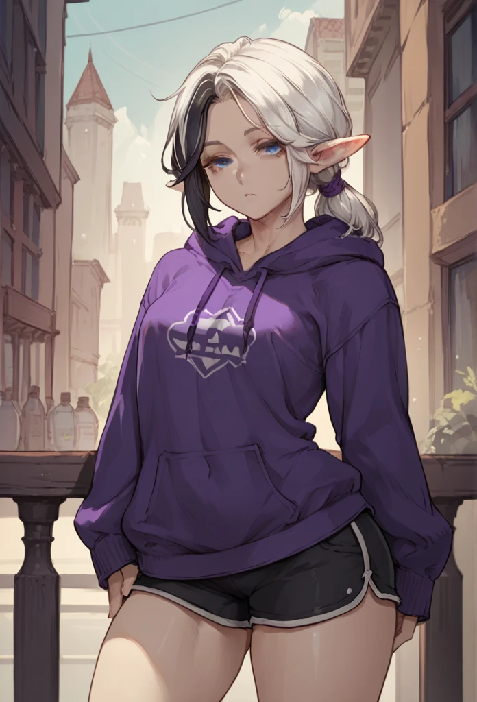 score_9, score_8_up, score_7_up, score_6_up, score_5_up, score_4_up, BREAK source_anime,rating_risky, a girl, elf, thin, pale skin, skinny, tired expression, low ponytail, white hair, blue eyes, eye bags, tired expression, purple hoodie, thick thighs, black shorts, tight clothing, bold comic style, city background, purple clothes with black highlights