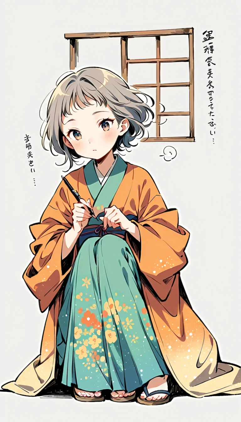 white background, Fujichoco style, kimono, gray hair, calligraphy practice, writing calligraphy, window, simple background，Simple line initialism, 20 year old girl, pretty face, (((The Most Beautiful Girl))), full body, 