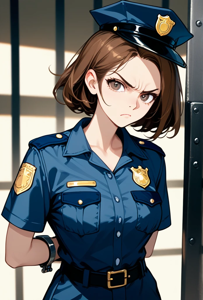 masterpiece, best quality, mature woman, mature face, trimmed hairstyle, brunette hair, mature face, hot face, sharp eyes, medium breasts, curvy body, hazel eyes, police outfit, looking at viewer, tough appearance, prison cell, jail cell, (looking serious), pissed off face, glaring eyes, angry expression, (chained up, restrained)