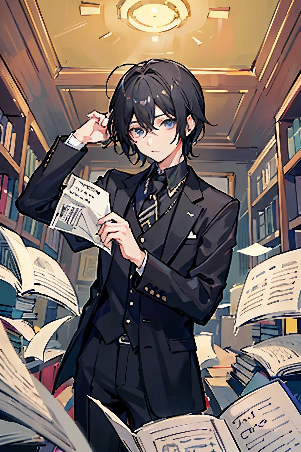 25歳くらいのmaleの人、Her waist-length black hair is tied back、Wearing a black suit、Eye color is a calm blue、The background is a room with many books、I have a book in my hand、male、male性