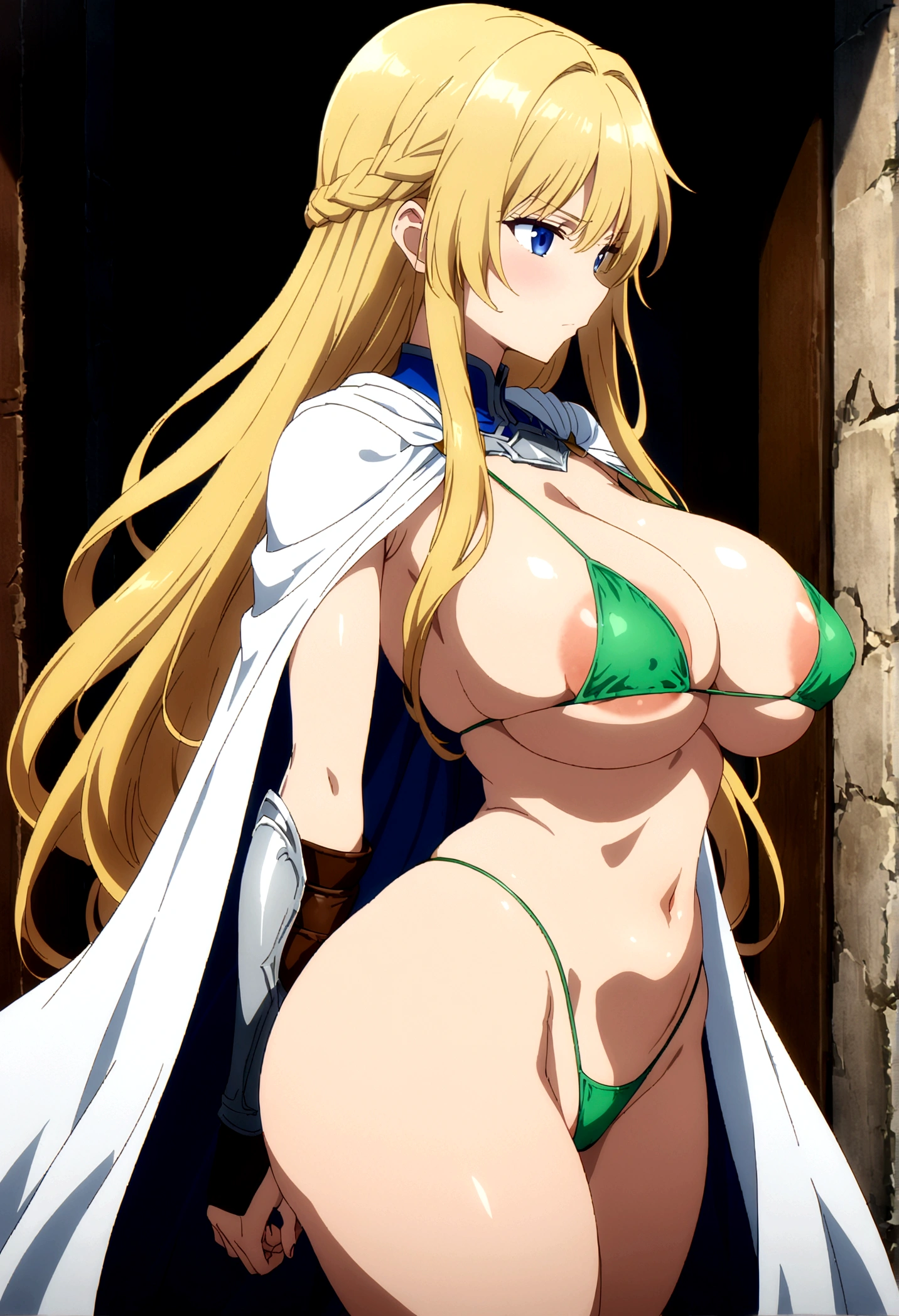 score_9, score_8_up, score_7_up,,BREAK source_anime, from side,,breast side view,standing,,upperbody.,1girl, celes chere, final fantasy.blonde hair, blue eyes, (ultra micro bikini,green bikini),large breasts,cleavage,pointy breasts,areolae peek,, white cape, vambraces,bracer, very long hair, bangs, closed mouth,.tundere,,, (best quality),(aesthetic,very aesthetic),masterpiece, highres, (anime screenshot:0.5),contrapost,graceful posture,lean but curvy body, slender waist, round hips, willowy limbs,selfie,