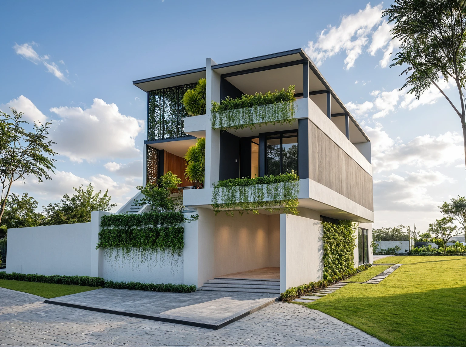 Masterpiece, high quality, best quality, authentic, super detail, outdoors, onestoreyvillaXL, aiaigroup, house style modern on the street ,stairs, white wall ,road,pavement, grass, trees, sky, cloud, (daylight:1.1)