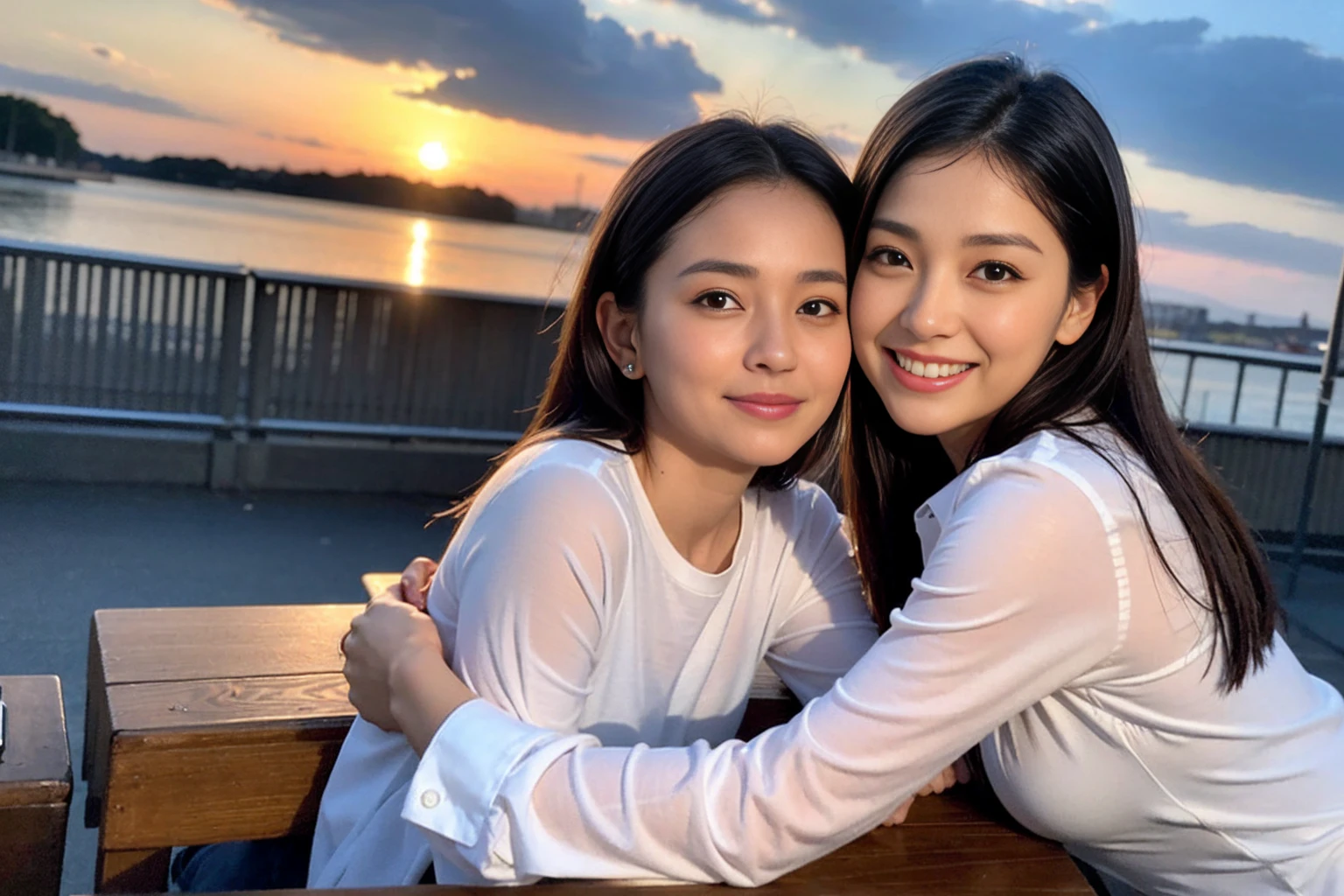((Highest quality、8K、masterpiece:1.3))、cute、Slim Couple、Model Couple、The best smile、Happy Smile、45 years old 39 years old、Shortcuts、Upper Body、(Realistic, Intricate details:1.2), Beautiful Model、Beautiful actress, (Brown Hair), (White skin),full-course dinner、Wine Party、Amazing view of the sunset sky and clouds、Sweet eye angle, Ultra HD 8K, Ultra-realistic, photograph, Cinematic, photograph, Wide-angle, Detailed Visuals, 3D Rendering, Soft texture, Realistic, Close up zoom in, (Front view), ((View your viewers)), Perfect corner angle, Thin lips, Natural Beauty, (soft and super White skin), Perfect Skin, (masterpiece), (Beautiful attention to detail), (Makes your face smaller), No makeup, Skinny Wine Bottle、Champagne、sparkling wine、Two beauties、Brown Hair、Shortcuts、Long sleeve shirt、dress、