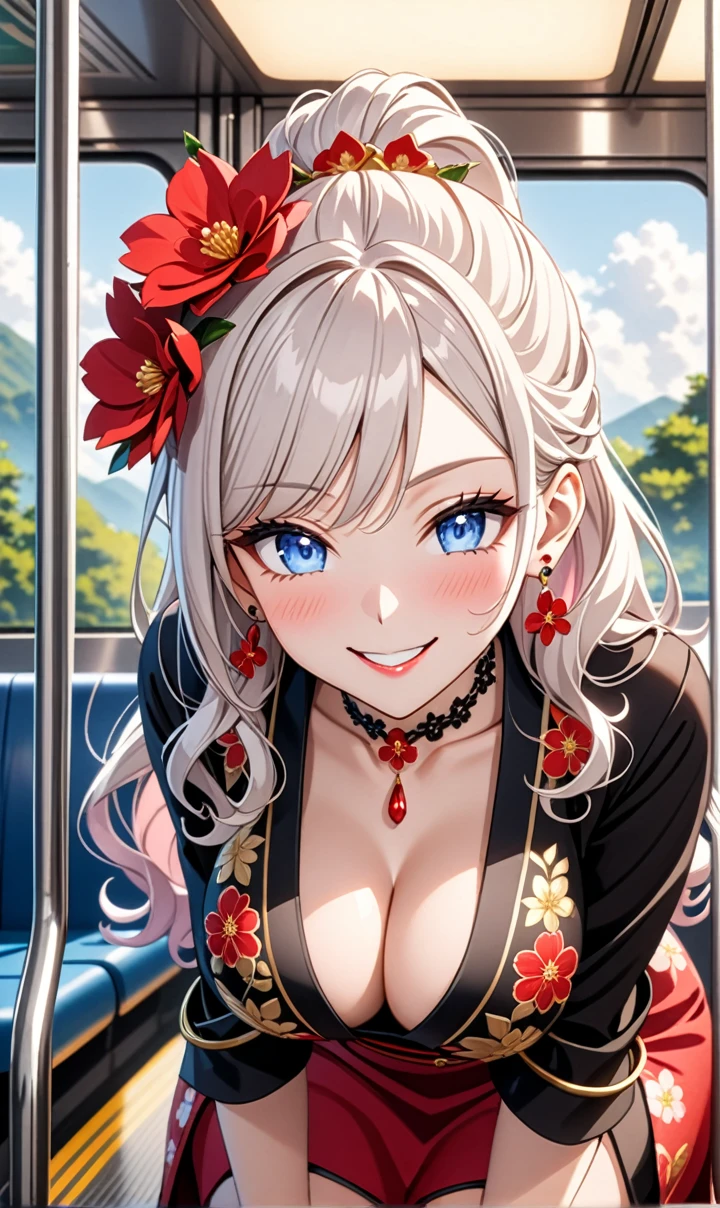 ultra-detailed, ((one girl)), (pale skin:1.3), in pastel colors gyaru, ((blue eyes)), (heavy makeup), hyper detailed, absurdres, 8K, Beautiful Face, (Laugh shyly), ((teasing smile:1.8)), ((Wink:1.7)), (Laugh with your mouth wide open),((Tilt your head:1.7)), View your viewers, ((full-face blushed:1.5)),Glossy Red Lips, ((Big Breasts:1.5)), ((show off breast)), (nipples slip), noon, on the train, (Brighten your face), ((Anime style background)),masterpiece, Highest quality, so beautiful,Latest, Complex details, (Pink long nails), (nail art), (ring),(bracelet), (Floral Choker),AI-generated, Complex,High resolution, Highest quality, super high quality,3D Images、3D Images,One person,Long white hair,(High Ponytail), (wavy hair:1.3), White haired anime woman posing for a photo, ((Fine grain、blue eyes、glowing eyes:1.5)), (Squint your eyes:1.1),a hyperRealistic , hyperRealistic , Realistic,Anime woman with long white hair, Smooth anime CG art, (A girl in a gorgeous black kimono), ((Black furisode:1.3)), (Gold embroidery), (Red floral embroidery), ((undressing)), Long flower hair ornament,Floral Earrings,Mature Body, tall,Narrow waist, Sit in your seat, ((leaning forward:1.5), ((front view)),((Zoom up to face)),
