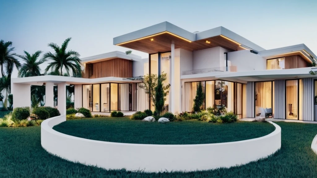 Elegant one-story, long, white cement mixed with wood house., Looks like the letter O, has curved proportions,It looks like a room.,medium sized back,beautiful,On the dark green grass,Shady atmosphere,There is a small coconut tree.,in the back,Daytime,Take photos from a drone