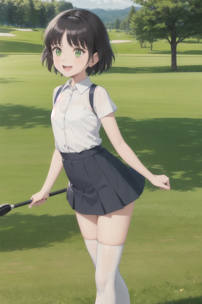 Don Duka,Very short hair,,Green Eyes,,skirt,pantyhoseskirt,shirt,Flat Chest,1girl,alone,golf,a bit_girl,:d,