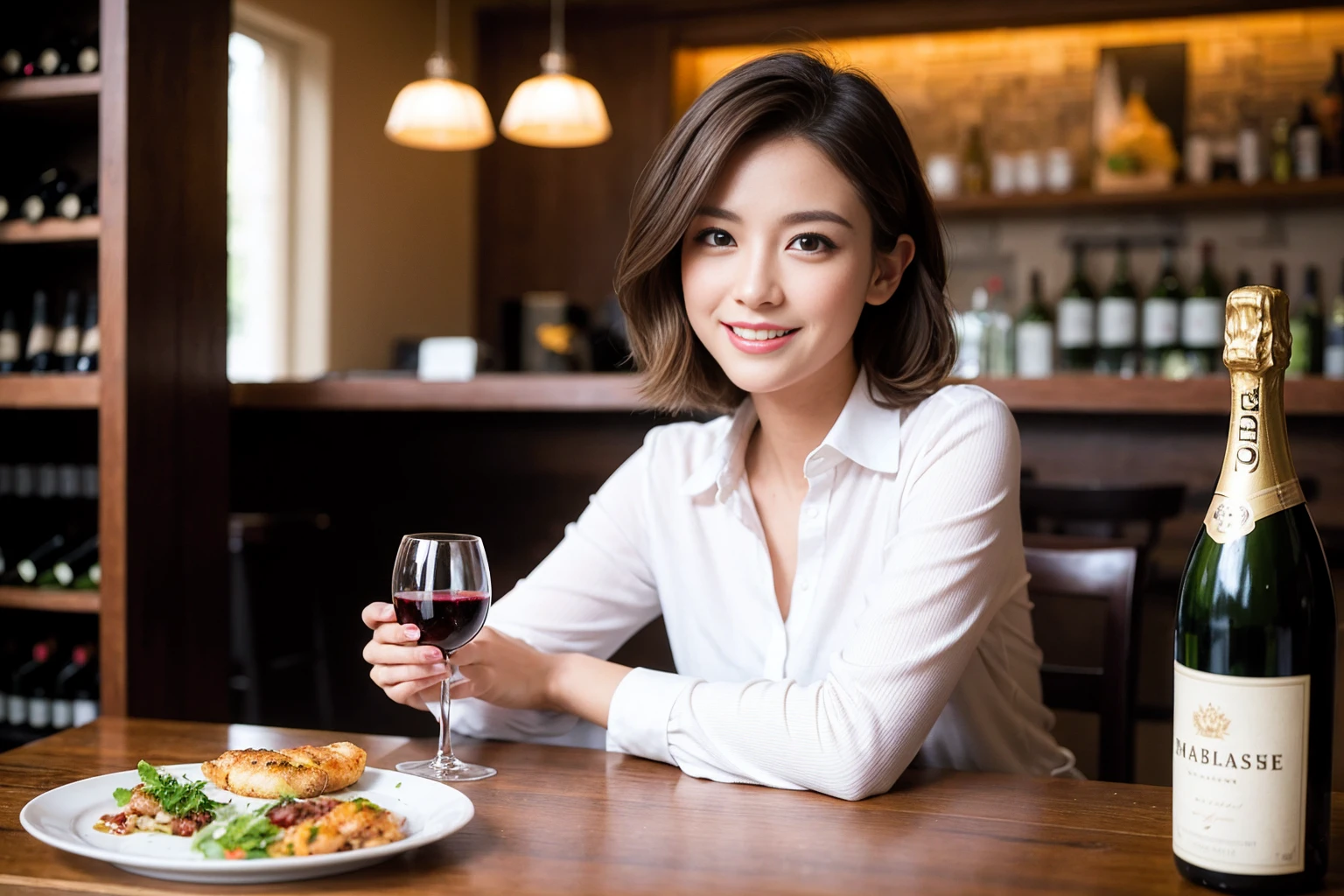 ((Highest quality、8K、masterpiece:1.3))、cute、slimカップル、modelカップル、(Realistic, Intricate details:1.2), full-course dinner、Wine Party、Amazing view of the sunset sky and clouds、A bright smile、The wonderfulness of smile、Bright image、The beauty of wine, Beautiful Face, blue eyes, The light shines on your face, Blushing, short hair,Bright Face、 (Age 37), Age 34, red wine 、Appetizers、Italian food、Wine bottle、Champagne、sparkling wine、Two beauties、Brown Hair、Shortcuts、Long sleeve shirt、dress、Beautiful woman 1, (slimな顔), (The body is slim), (Brown Hair), (Shortcuts), cheeks turn a little red,Attractive beauty、restaurant, In a prominent place (From the waist up) Nova Frog Style, actress, model, Upper Body, White wine, slim, wine glass, 中央に置かれたwine glass, smile, (smile: 1.15), Beautiful fine grain, Depth f/2,saturation, High Contrast, Strong light and shadow,Moist Body:1.5、3D texture、Delicate eyes、Brown Hair、The hair is very shiny、