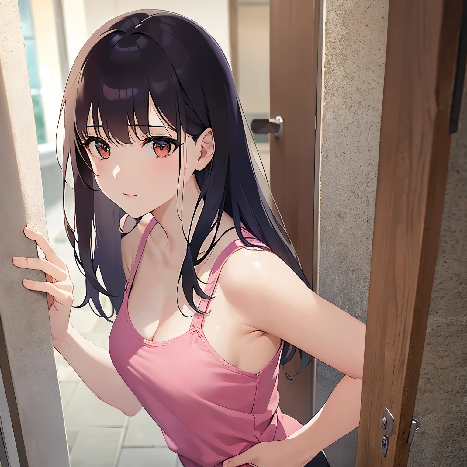 (looking away:1.5),leaning forward 、Shooting from the front、upper body,Realistic, real person, (pale skin: 1.2), RAW photo, photorealistic, shiny skin, shiny hair、 (A 25-year-old woman with medium-length hair and bangs) and (wavy hair) and (brown hair) and (Orange Eyes), The background is the washroom,(pink tank top)、opening the door