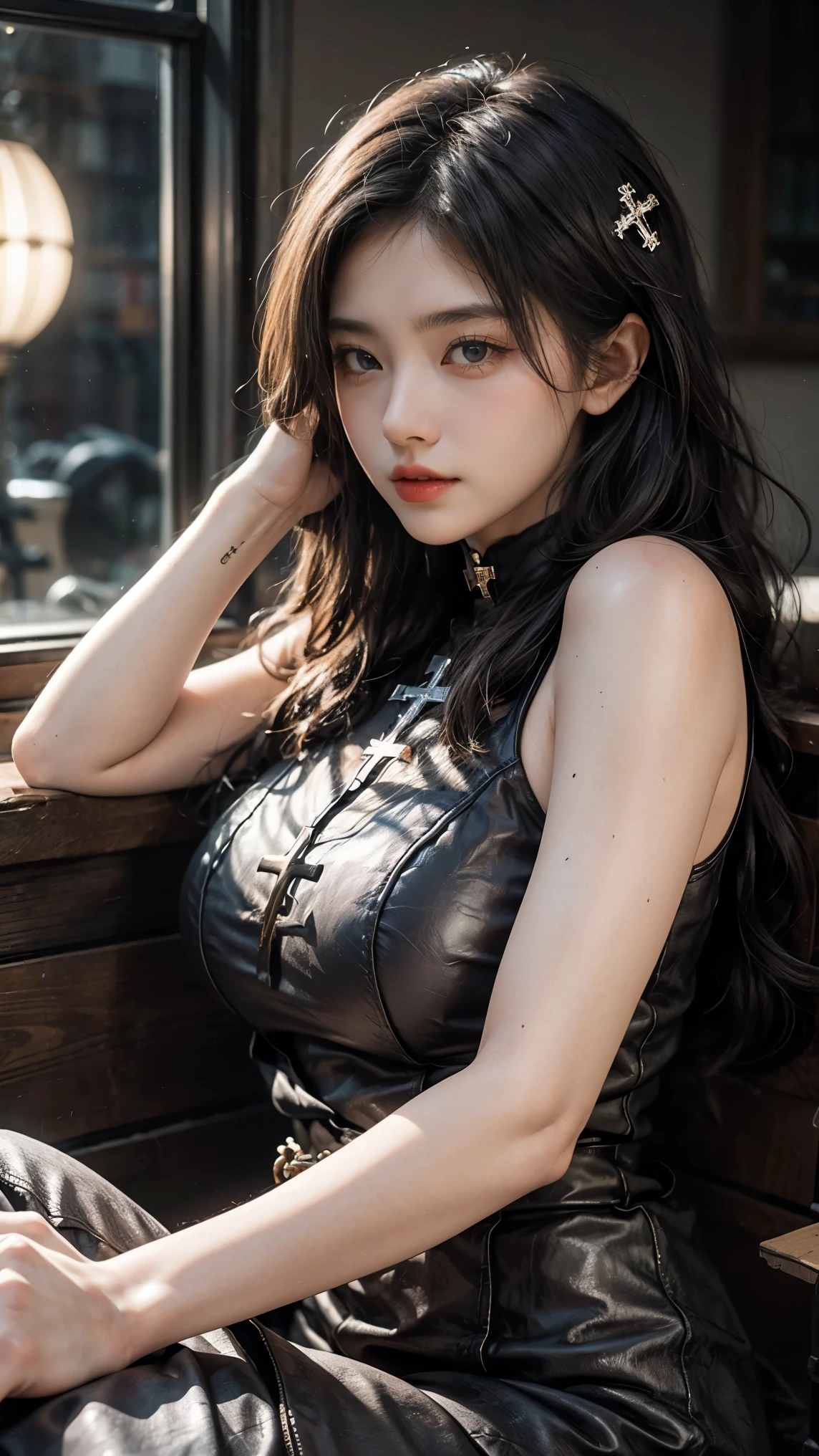 21yo girl, gray hair, Long Wavy Hair, (sit cross-legged on up of viewer:1.9), (arms up), (natural big breast), (looking up), plump body,single sidelock hairpin blush, modern cinematic lighting, ray tracing, drop shadow wide shot UHD, textured skin, high details, best quality 4K, sit pose, setup face, sad, Grunge style create a photo realistic image that the viewer has never envisioned before,the image should demonstrate extreme creativity,imaginative,bold,inspiring,original in subject,original in style,amazing composition,intricately detailed,absurdly complex.