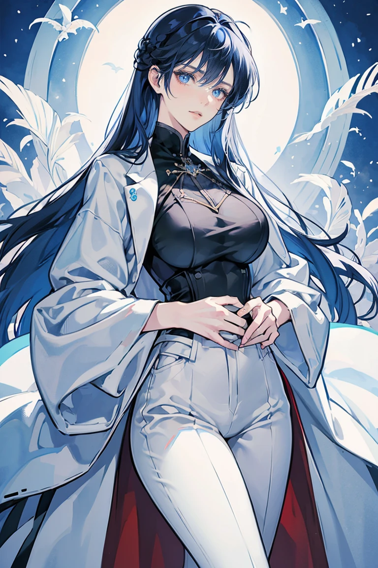 anime - (masterpiece), best quality, seductive eyes, mature face, blue eyes, long length blue hair, black suit, white pants, white coat, sword on left hip, tall woman, long legs, adult-like female, 1girl, big breast, smug face
