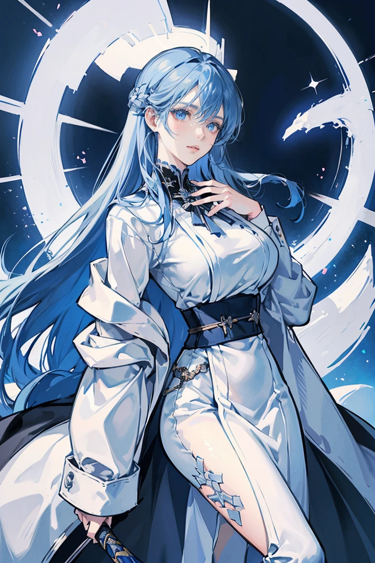 anime - (masterpiece), best quality, seductive eyes, mature face, blue eyes, long length blue hair, black suit, white pants, white coat, sword on left hip, tall woman, long legs, adult-like female, 1girl, big breast, smug face