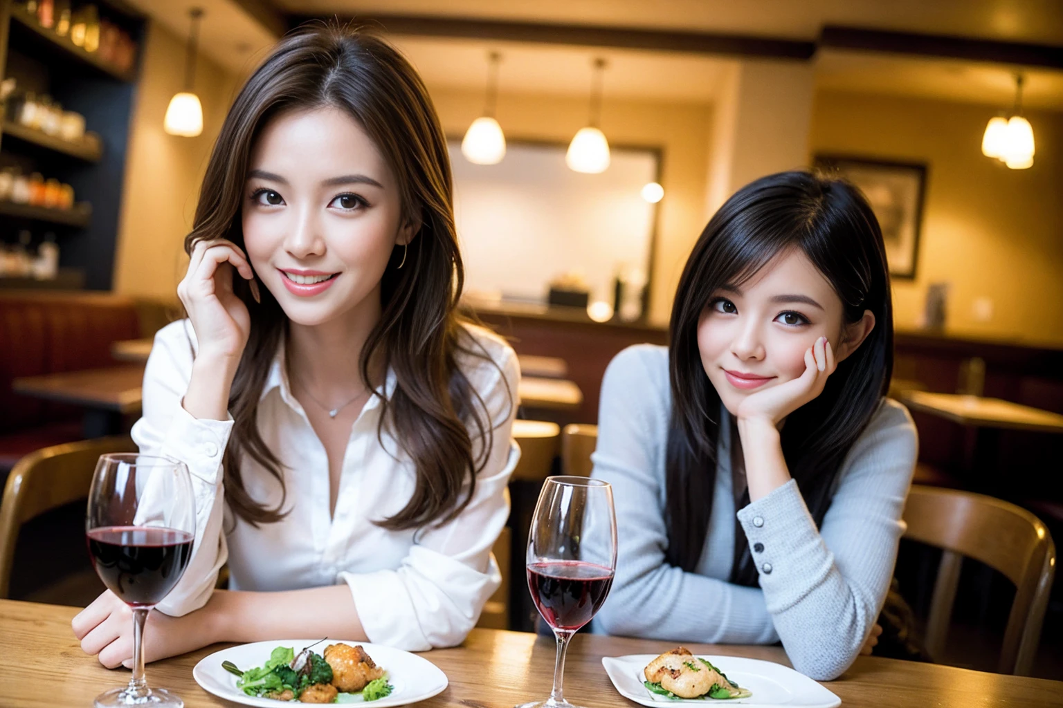 ((Highest quality、8K、masterpiece:1.3))、cute、slimカップル、modelカップル、(Realistic, Intricate details:1.2), full-course dinner、Wine Party、Amazing view of the sunset sky and clouds、A bright smile、The wonderfulness of smile、Bright image、The beauty of wine, Beautiful Face, blue eyes, The light shines on your face, Blushing, short hair,Bright Face、 (Age 37), 39 years old, red wine 、Appetizers、Italian food、Wine bottle、Champagne、sparkling wine、Two beauties、Brown Hair、Shortcuts、Long sleeve shirt、dress、Beautiful woman 1, (slimな顔), (The body is slim), (Brown Hair), (Shortcuts), cheeks turn a little red,Attractive beauty、restaurant, In a prominent place (From the waist up) Nova Frog Style, actress, model, Upper Body, White wine, slim, wine glass, 中央に置かれたwine glass, smile, (smile: 1.15), Beautiful fine grain, Depth f/2,saturation, High Contrast, Strong light and shadow,Moist Body:1.5、3D texture、Delicate eyes、Brown Hair、The hair is very shiny、