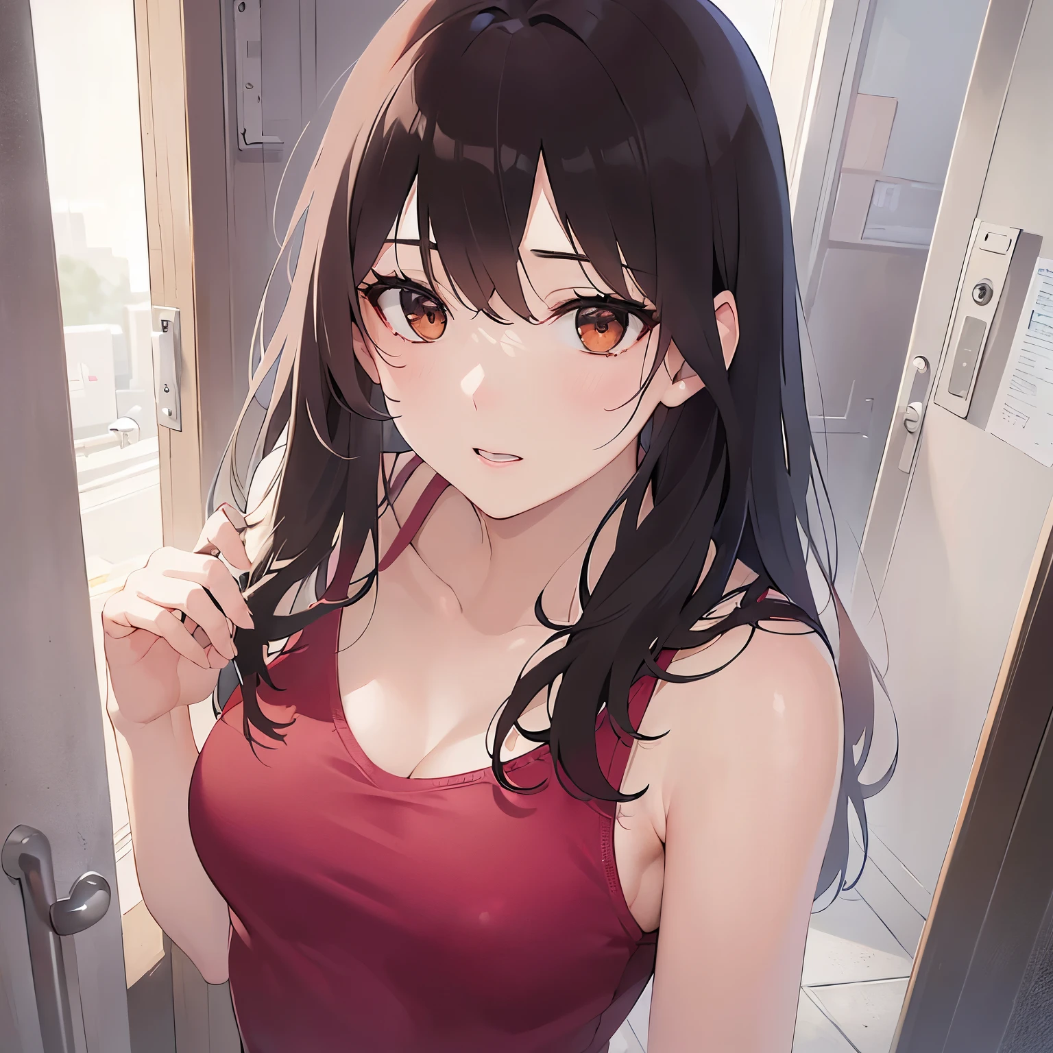 (looking away:1.5),leaning forward 、Shooting from the front、upper body,Realistic, real person, (pale skin: 1.2), RAW photo, photorealistic, shiny skin, shiny hair、 (A 25-year-old woman with medium-length hair and bangs) and (wavy hair) and (brown hair) and (Orange Eyes), The background is the washroom,(pink tank top)、opening the door