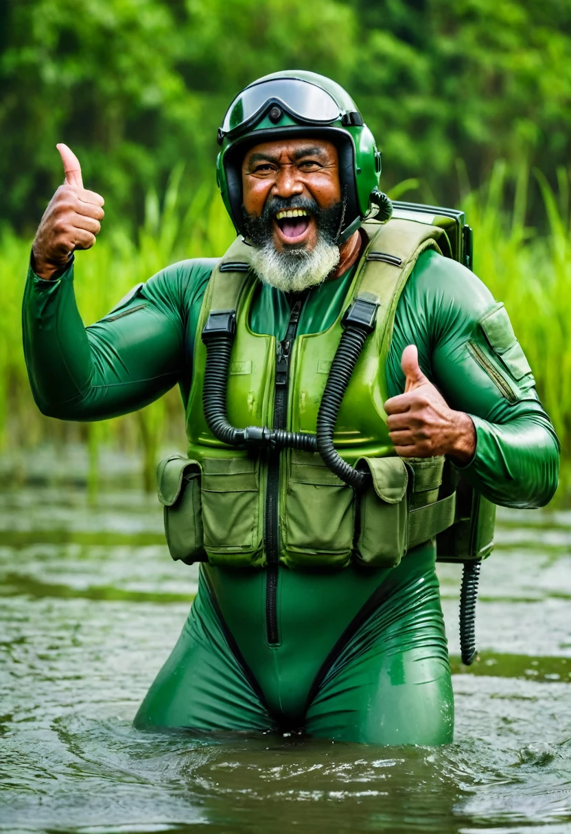 (a dark-skinned bearded chubby old man in green zipper pilot suit), wearing rescue gear, wearing green army pilot helmet, swimming in a swamp, thumbs up, shooting with a gun, imposing physique, muscular, toned muscles, Basuki Abdullah, sumatraism, action, a character portrait, heroic, fierce, angry, shouting