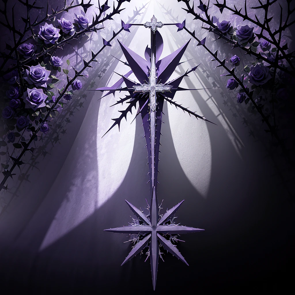 ((best qualityer)), ((work of art)), (detailded), ((violet background)) ((inverted cross print)) ((violet roses with thorns))