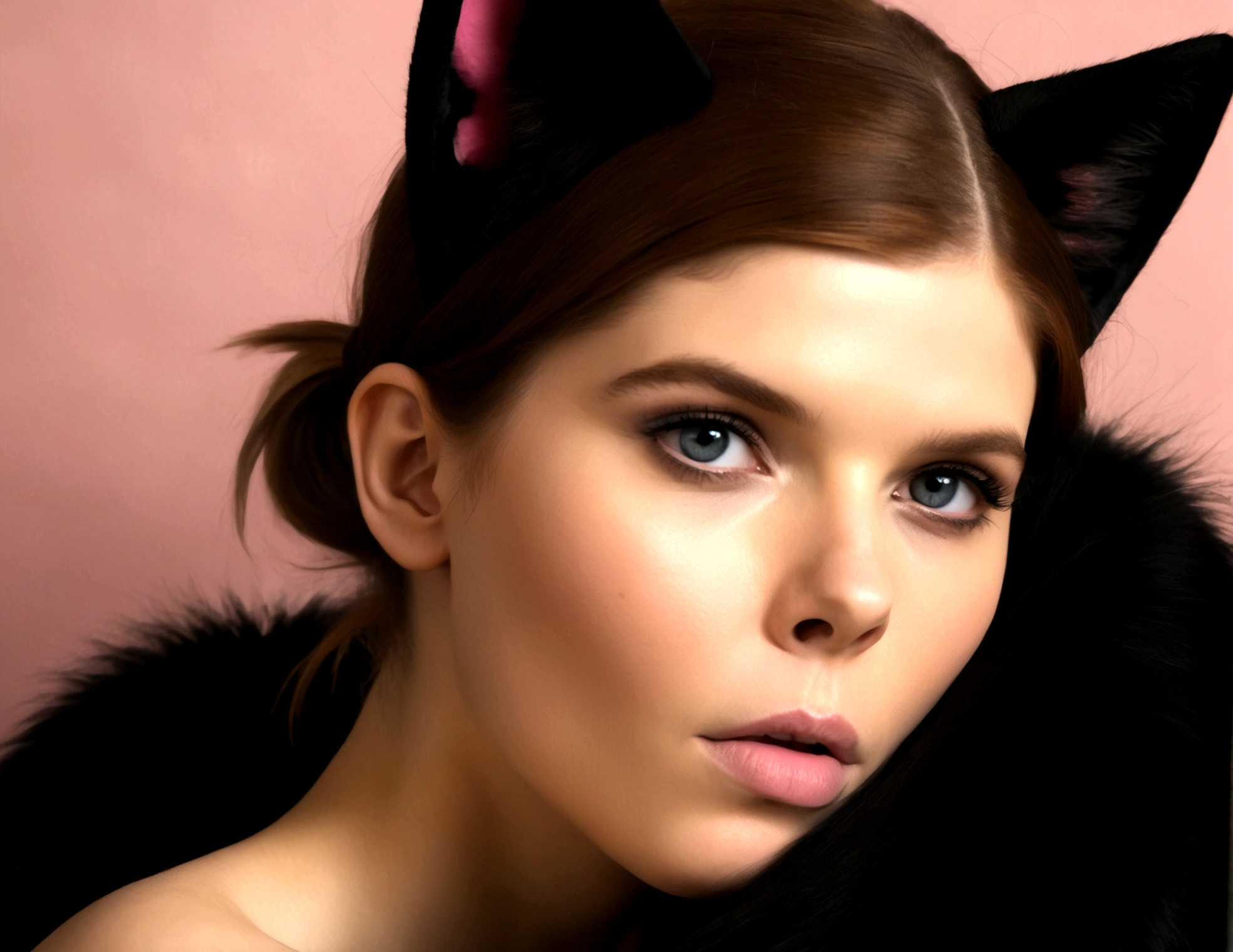 (best illustration, masterpiece) high resolution, kate mara, close-up, soft skin,, [(cat ears, black fur, pink inside:1.2), (kiss, romantic, intimate):1.3]