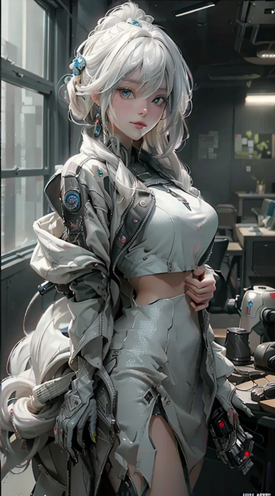 ((Highest quality)), ((masterpiece)), (detailed:1.4), 3d, Beautiful cyberpunk woman image,High resolution (High Dynamic Range),Ray Tracing,NVIDIA,Super Resolution,Unreal 5,Scattered beneath the surface,PBR Texturing,Post-processing,Anisotropic Filtering,Depth of written boundary,Maximum clarity and sharpness,Multilayer Texture,Albedo and Specular Maps,Surface Shading,Accurate simulation of light-matter interactions,Perfect proportions,Octane Rendering,Two-tone lighting,wide aperture,Low ISO,White balance,Three-part method,8K RAW,Gray Hair,smile,Ample breasts,,bright personality,fine,
masterpiece, best quality, 1 girl, solo, teenager, large breasts, light brown eyes, bangs, brond hair, braids hair, office staff suit, jacket, pencil skirt, upper body, standing, office