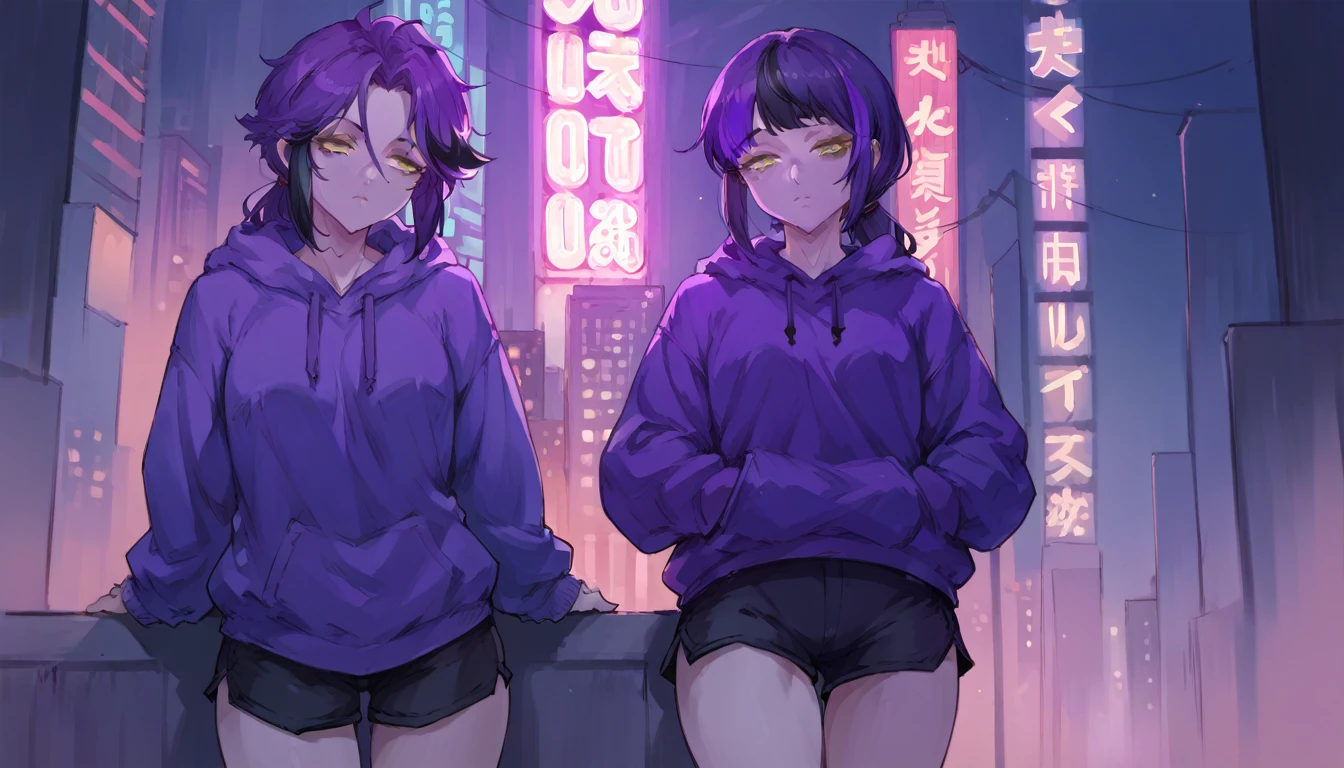 score_9, score_8_up, score_7_up, score_6_up, score_5_up, score_4_up, BREAK source_anime,rating_risky, a girl, thin, pale skin, skinny, tired expression, low ponytail, purple hair, yellow eyes, eye bags, tired expression, purple hoodie, thick thighs, black shorts, tight clothing, bold comic style, city background, purple clothes with black highlights, nighttime, neon lights, hard lighting