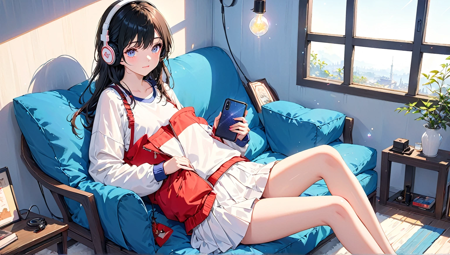 (Absurd:1.1, High resolution:1.1, 超detailed:1.1), 非常にdetailedな, 超detailed hair, (Fine grain:1.4), (Shining Eyes:1.3), thin, cute, Perfectly symmetrical face, narr○w waist, 超cute girl, 超cute face, 超cute, Super beautiful, Beautiful colors, merry (Yanmar gauge),From wlop,((Great quality)), (Beautiful legs), smartphone, Upper body rest (Beautiful colors,detailed,Highest quality,Great quality,so beautiful), base, Headphones, Tank top, Jacket, Lighting and Shadows(perspective), Lighting particles, colorful, masterpiece, Stylish room,