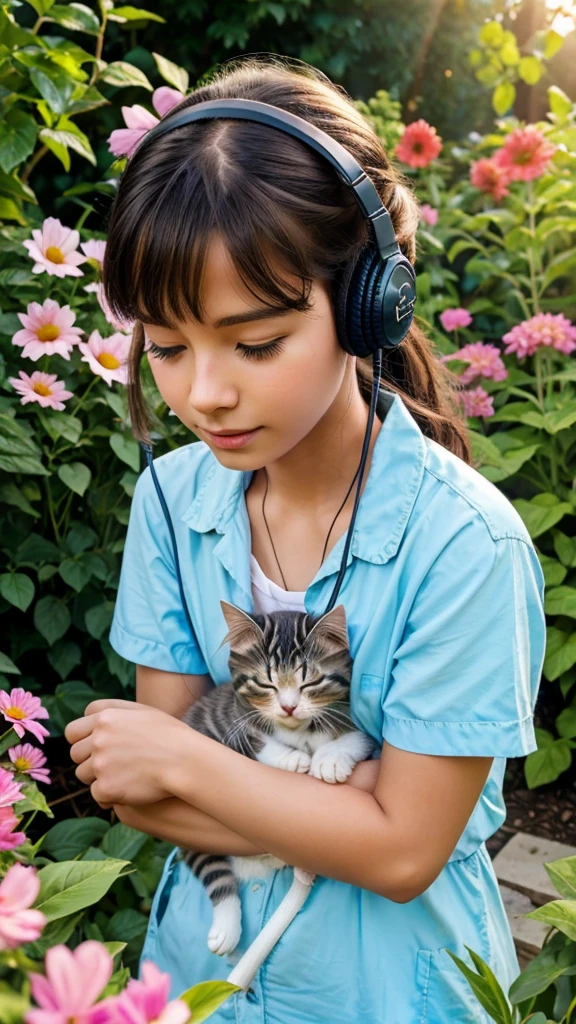 a small kitten sleeping at a garden with wearing a headset the sun is rising garden contains so many flowers