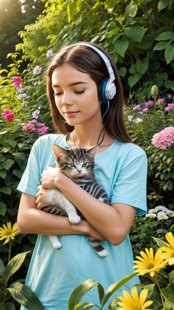 a small kitten sleeping at a garden with wearing a headset the sun is rising garden contains so many flowers