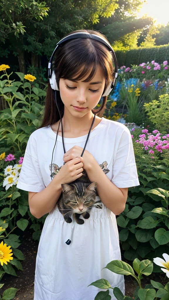 a small kitten sleeping at a garden with wearing a headset the sun is rising garden contains so many flowers