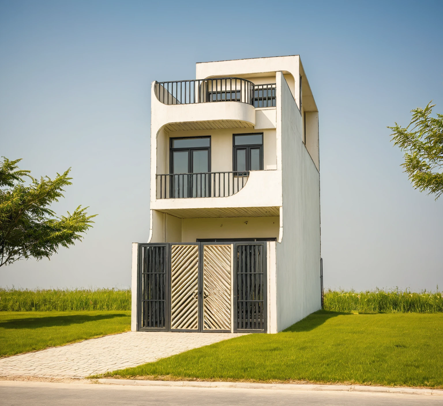 Raw photo,Masterpiece, high quality, best quality, authentic, super detail,
exterior, outdoors,Tuonghoagio,house, modern stytle, on the street,wind flower wall, glass windows, white wall,gate, metal railing
road,pavement, grass, trees, sky, (day:1.1)