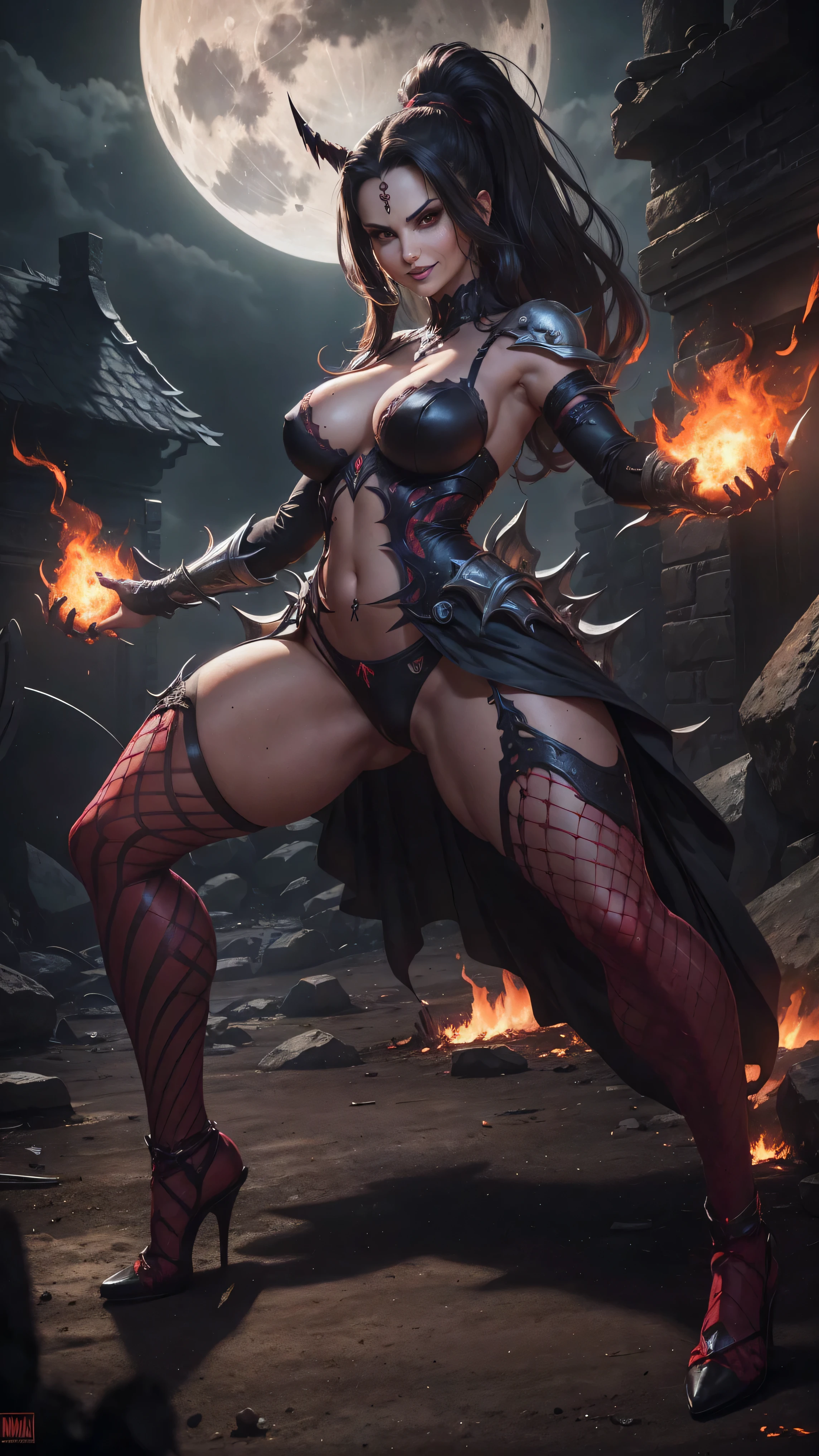 girl, warrior, mndngwmn, AvaAddams, legs spread wide open, evil look, action stance, sexy, sheer see through panties lowleg, claws, fangs, demonic presence, red glowing eyes, combat stance, vibrant appearance, creative behavior, menacing, evil smile, imaginative, sensual, spontaneous, highest quality, skin texture, intricate details, (cinematic lighting), RAW photo, 8k, under moonlight, nightmarish, full moon, firestorm, debris