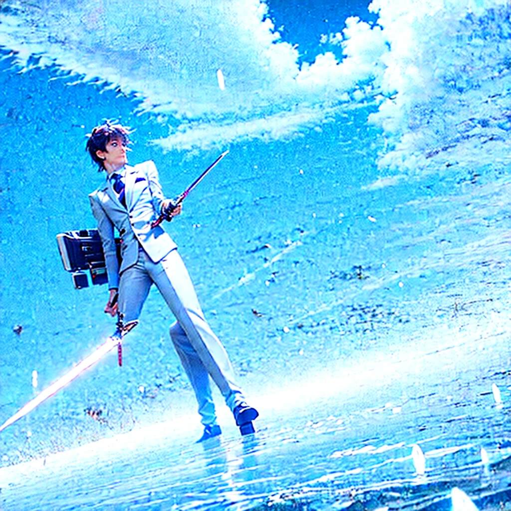 masterpiece , best quality , man , suit , White , ice , sword , anime , pilot , sky , Japanese ,