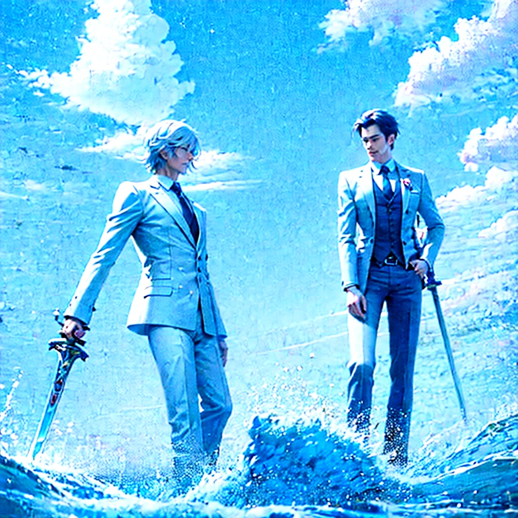 masterpiece , best quality , man , suit , White , ice , sword , anime , pilot , sky , Japanese ,