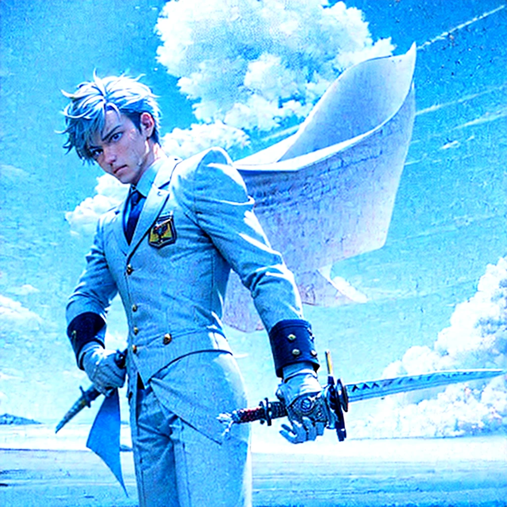 masterpiece , best quality , man , suit , White , ice , sword , anime , pilot , sky , Japanese ,