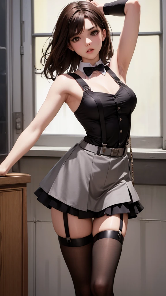 Black skirt, Suspenders, Brown hair grey eyes, Garters on legs, Tight clothing, belt Armpit sweating Poker face Medium breasts