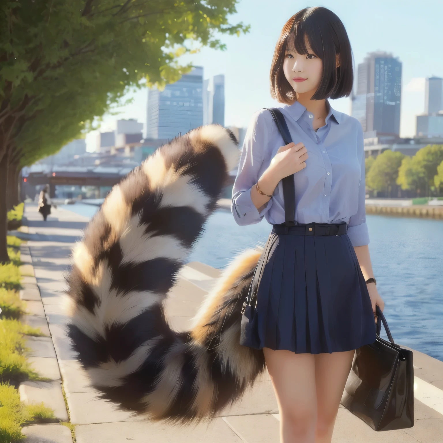 Girl with bag and raccoon tail, Real Style, Cat&#39;s Tail,  Hairy tail,  Fluffy tail, Women&#39;s furry mini cute style,  thick Fluffy tail, Very very beautiful furry art, photograph, Highest quality