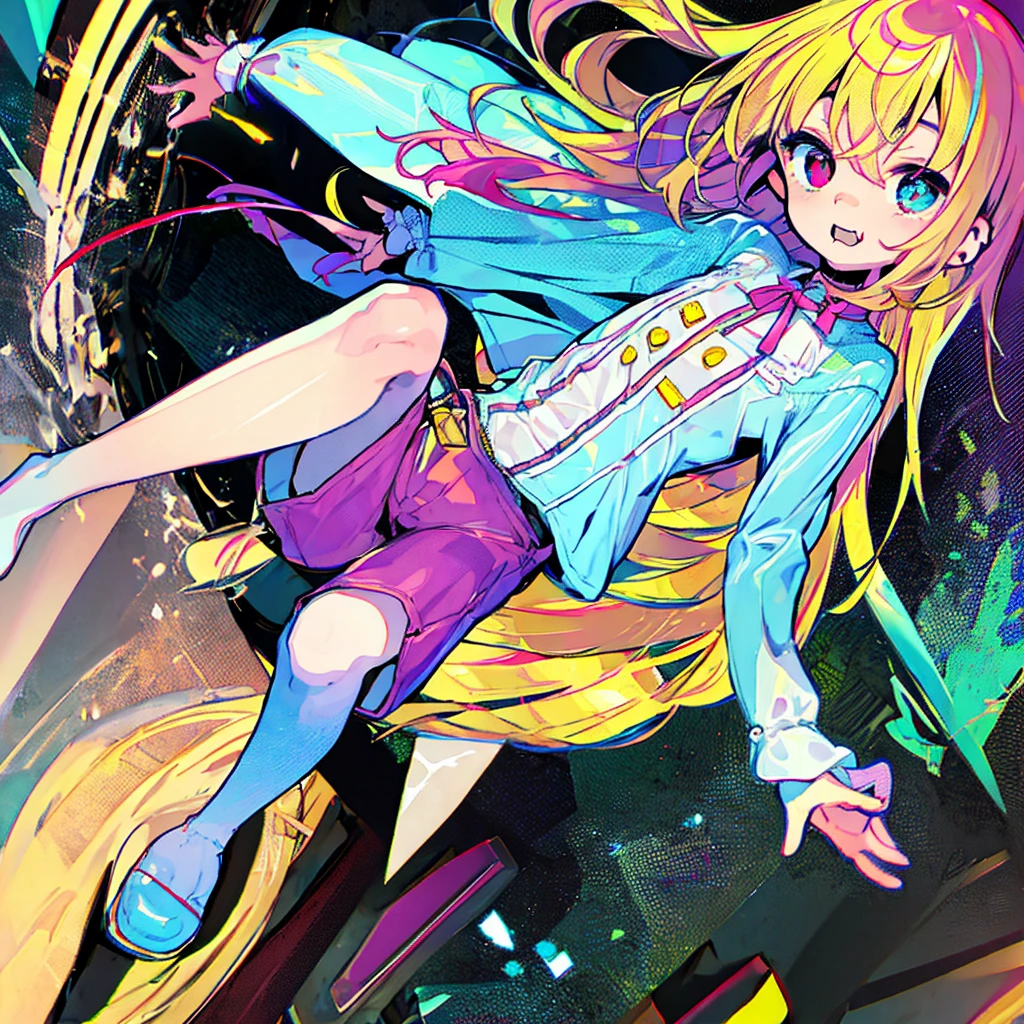 short cute male, very pale skin, beautiful eyes, perfect hands, heterochromia, one eye is red one eye is pink, long legs, narrow waist, perspective, short chin-length blonde hair with dyed pink tips, perfect hands, male, fluffy bear slippers, crossed bangs, vivid colors, best quality, high quality, short messy wavy hair, casual wear, overalls, loose sleeves, pale blue jean shorts, striped knee high socks, earring on left ear, fangs, :3, smug, CG image, character splash art, high detail
