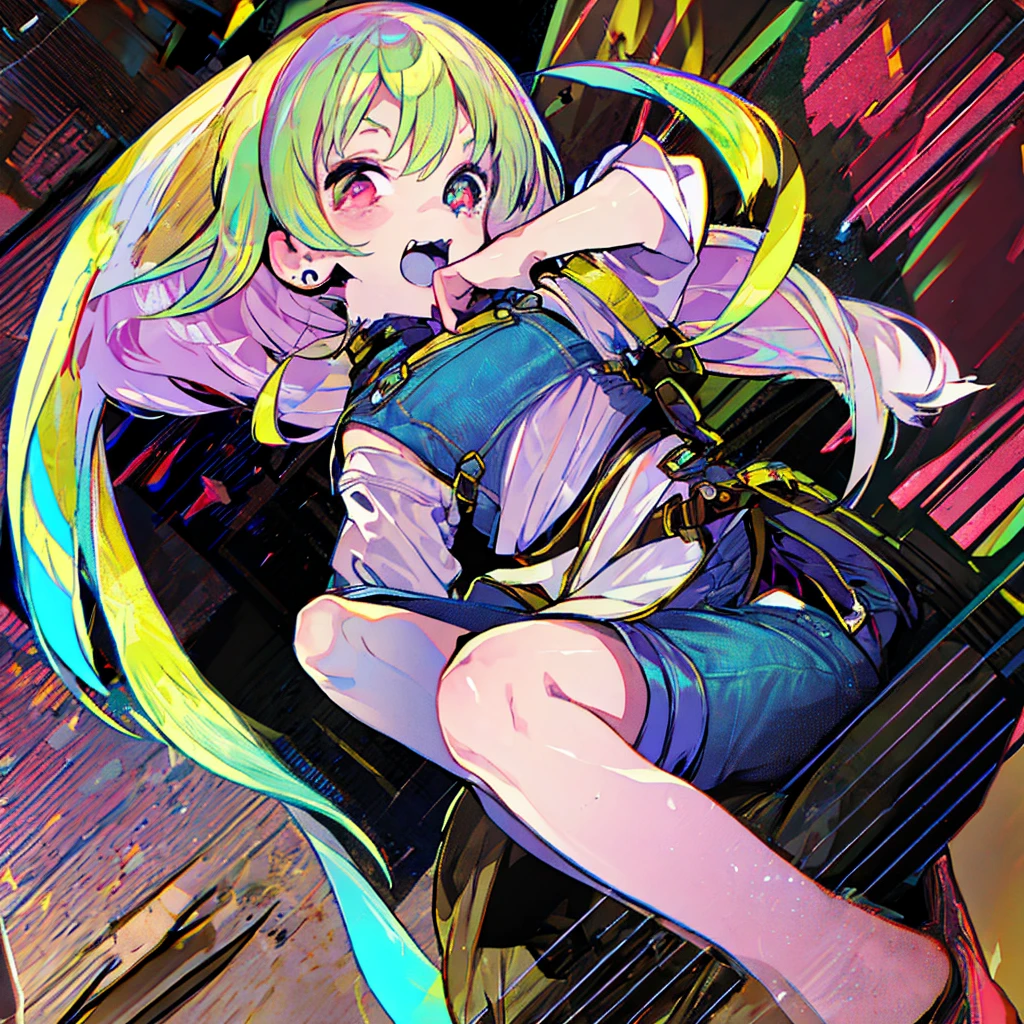short cute male, very pale skin, beautiful eyes, perfect hands, heterochromia, one eye is red one eye is pink, long legs, narrow waist, perspective, short chin-length blonde hair with dyed pink tips, perfect hands, male, fluffy bear slippers, crossed bangs, vivid colors, best quality, high quality, short messy wavy hair, casual wear, overalls, loose sleeves, pale blue jean shorts, striped knee high socks, earring on left ear, fangs, :3, smug, CG image, character splash art, high detail