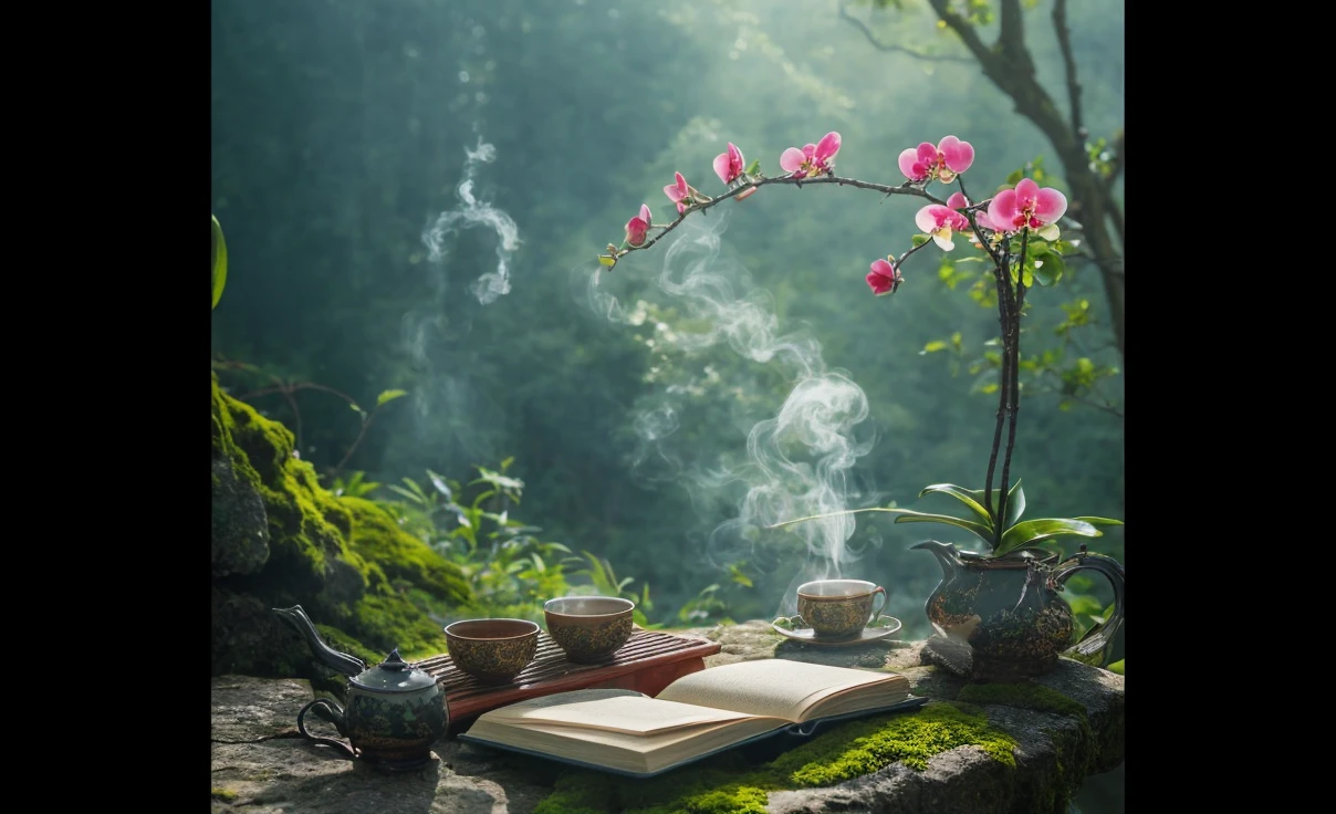 Sure, here’s a detailed prompt to recreate this image:

"Create a serene outdoor scene set in a lush, moss-covered environment with a soft, diffused light filtering through. Place a steaming cup of tea on a saucer and an open book on a mossy stone surface. Add a small, elegant ceramic teapot with steam rising from its spout beside the book. Include a blooming orchid with vibrant pink flowers arching gracefully above the scene, and a small potted plant with green leaves on the right. Ensure the background is slightly blurred to emphasize the peaceful, tranquil atmosphere of the setting."