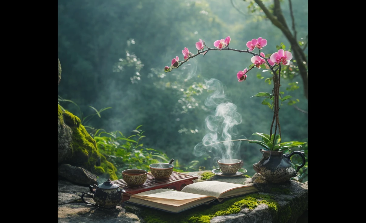 Sure, here’s a detailed prompt to recreate this image:

"Create a serene outdoor scene set in a lush, moss-covered environment with a soft, diffused light filtering through. Place a steaming cup of tea on a saucer and an open book on a mossy stone surface. Add a small, elegant ceramic teapot with steam rising from its spout beside the book. Include a blooming orchid with vibrant pink flowers arching gracefully above the scene, and a small potted plant with green leaves on the right. Ensure the background is slightly blurred to emphasize the peaceful, tranquil atmosphere of the setting."