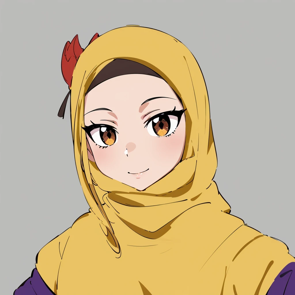 ((masterpiece, best quality)), ((ultra quality)), ((highly detailed)), 1girl, solo, hijab, yellow gold hijab, orange light eyes, very detailed, simple eyes, anime style, looking_at_viewer, anime girl with hijab, live2d virtual youtuber model, hijab woman, purple shirt, stylish hijab, 2d anime style, stylized anime, bawal shawn cotton, anime style, 8k, anime stylizeds, anime in scenery, grey mode background, light orange black colored iris eyes, smile, skin color #f7dcca, red ribbon on right top head, red ribbon on hijab@CelVRM