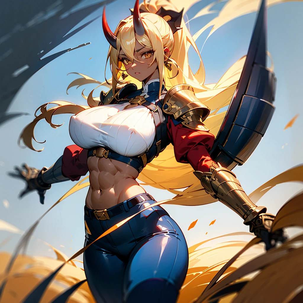 8k_wallpaper, extremely detailed eyes, extremely detailed body, 1girl,((perfect anatomy huge chest)), (intricate details:1.3), (ultra-detailed:1.3), (sharp focus:1.3), (natural lighting:1.05), (vivid colors:1.3), (best quality:1.4), high quality, expressive eyes, full body, tall girl, detailed face, beautiful face, perfect face, detailed ((blonde hair)), (gold eyes), ((big red horns)), {{dark skin}}, ({dark skinned female}), gigantic breasts, thick thighs, translucent blue veins on the body, strong abdominal muscles, strong leg muscles, strong arm muscles, ponytail hairstyle, wearing a blue coat with rolled up sleeves, steel belly heavy armor, leather pants, leather steel gloves, wide a leather belt with gold yarn walks through a flower meadow against the backdrop of distant high mountains,