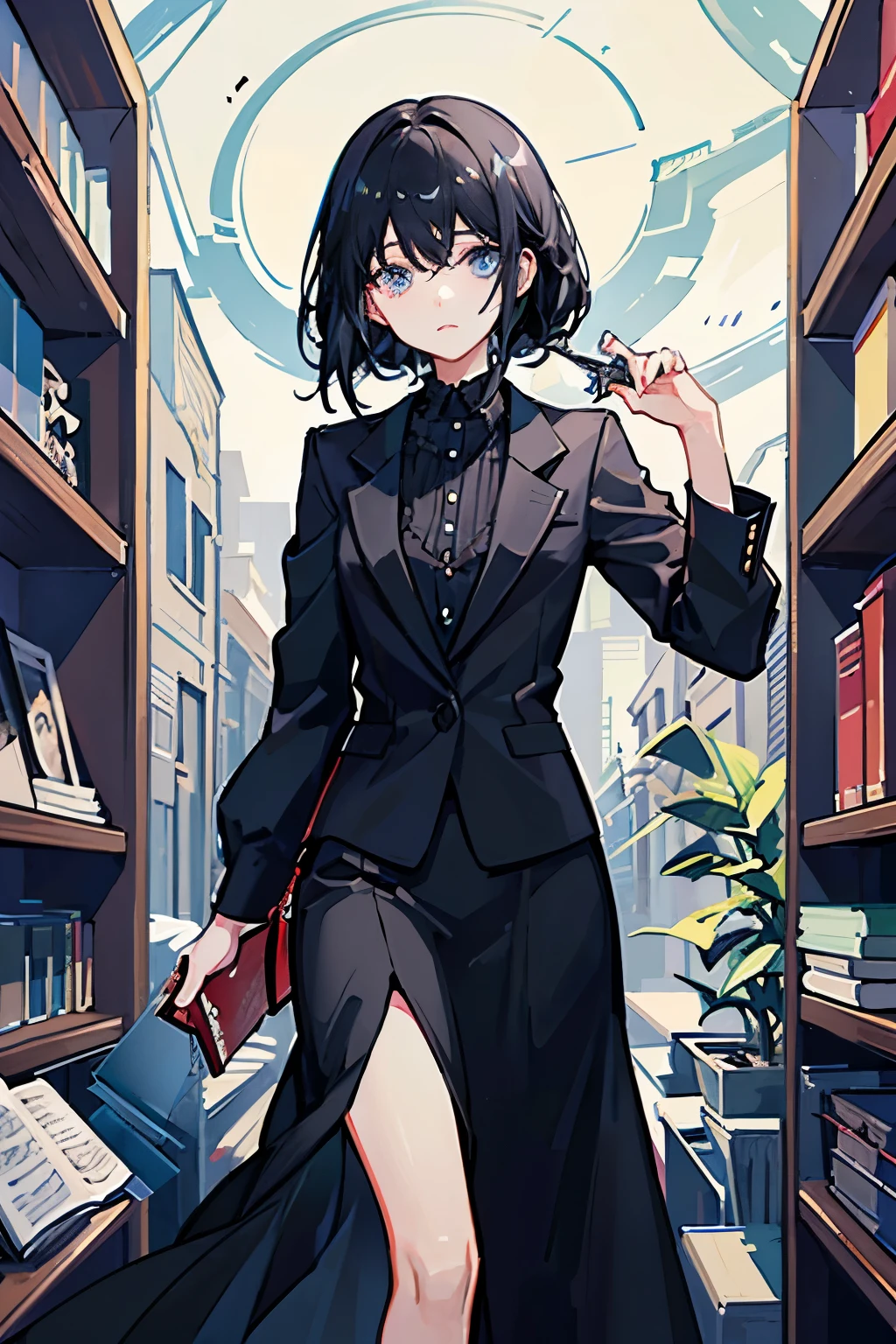 Her waist-length black hair is tied back、Wearing a black suit、Eye color is a calm blue、The background is a room with many books、I have a book in my hand