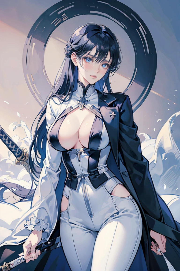 anime - (masterpiece), best quality, seductive eyes, mature face, blue eyes, long length dark blue hair, black suit, white pants, white coat, sword on left hip, tall woman, long legs, adult-like female, 1girl, big breast, smug face