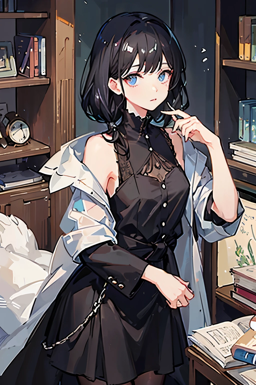 Her waist-length black hair is tied back、Wearing a black suit、Eye color is a calm blue、The background is a room with many books、I have a book in my hand