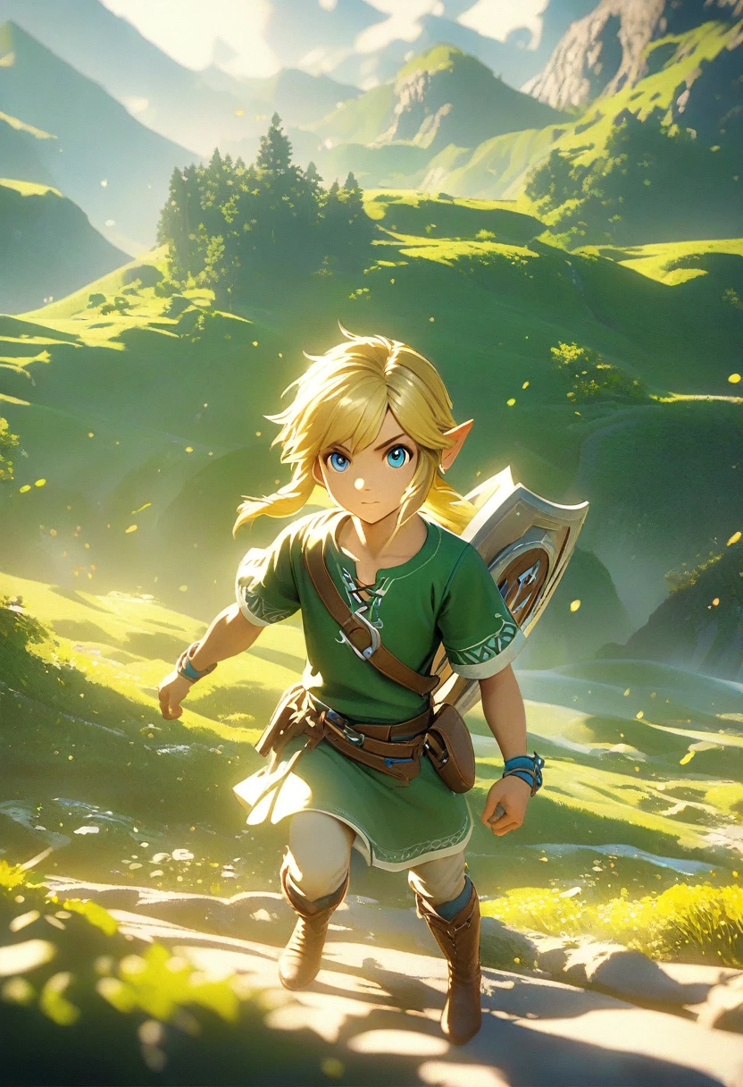 Detailed portrait of Link, The protagonist of the Legend of Zelda series, 1 boy, Detailed facial features, Sharp blue eyes, well defined jawline, Blonde hair, Risky expression, Wearing a green tunic, Leather Boots, Sword and Shield, Immerse yourself in an epic fantasy landscape, Rolling Hills, Dense forest, Majestic mountains, Dramatic Lighting, Composition, award winning digital art, Art Station, Concept Art, Octane Rendering, Unreal Engine, 8K, 