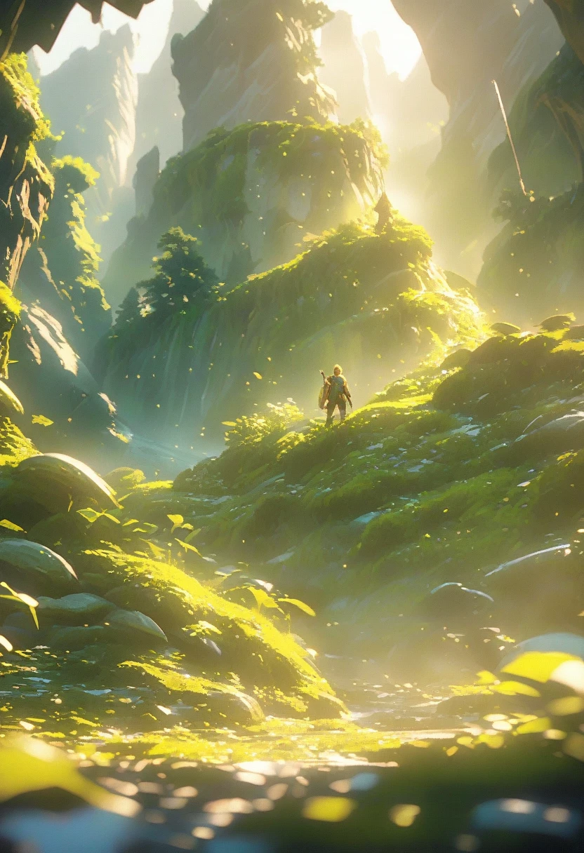 Detailed portrait of Link, The protagonist of the Legend of Zelda series, 1 boy, Detailed facial features, Sharp blue eyes, well defined jawline, Blonde hair, Risky expression, Wearing a green tunic, Leather Boots, Sword and Shield, Immerse yourself in an epic fantasy landscape, Rolling Hills, Dense forest, Majestic mountains, Dramatic Lighting, Composition, award winning digital art, Art Station, Concept Art, Octane Rendering, Unreal Engine, 8K, 